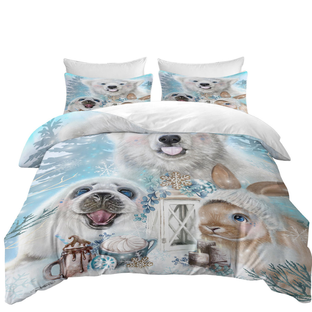 Winter Snowflake Kisses Polar Bear Seal and Bunny Duvet Cover