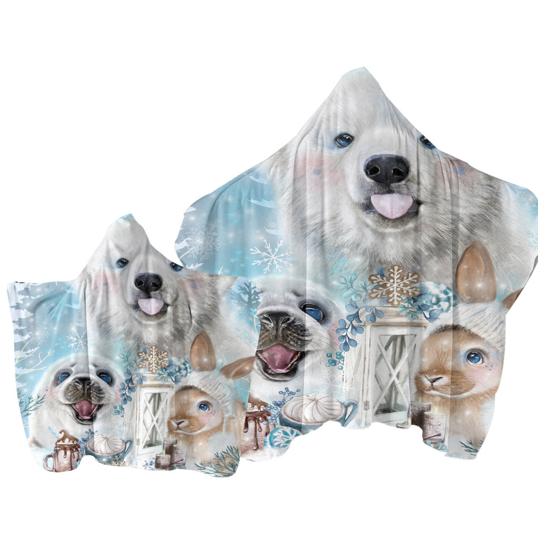 Winter Snowflake Kisses Polar Bear Seal and Bunny Hooded Beach Towel