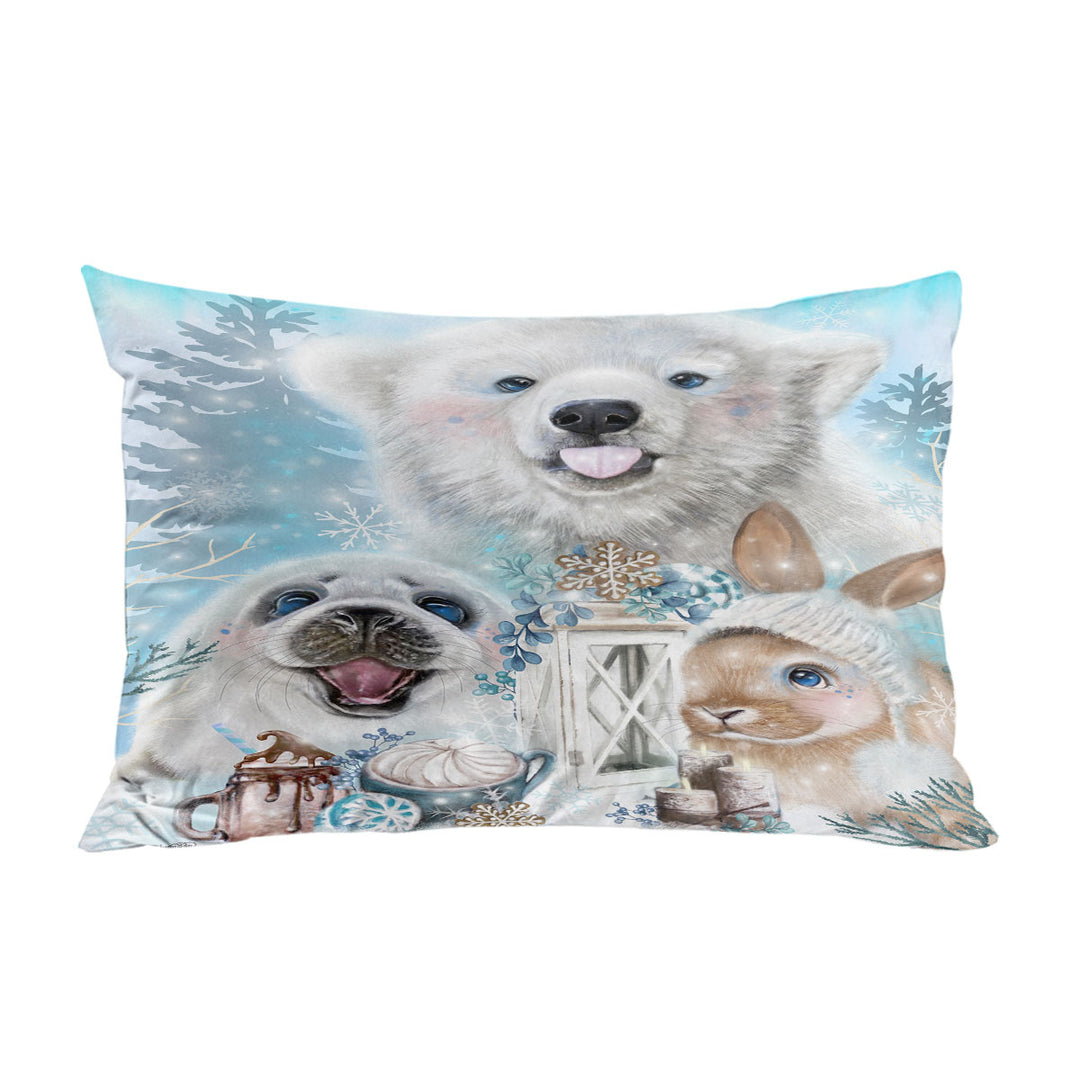 Winter Snowflake Kisses Polar Bear Seal and Bunny Pillow Case Covers