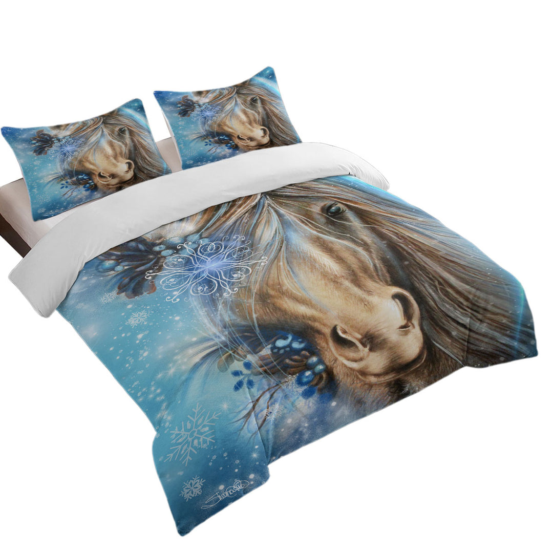 Winter Snowflake Pretty Blue Horse Comforter Cover