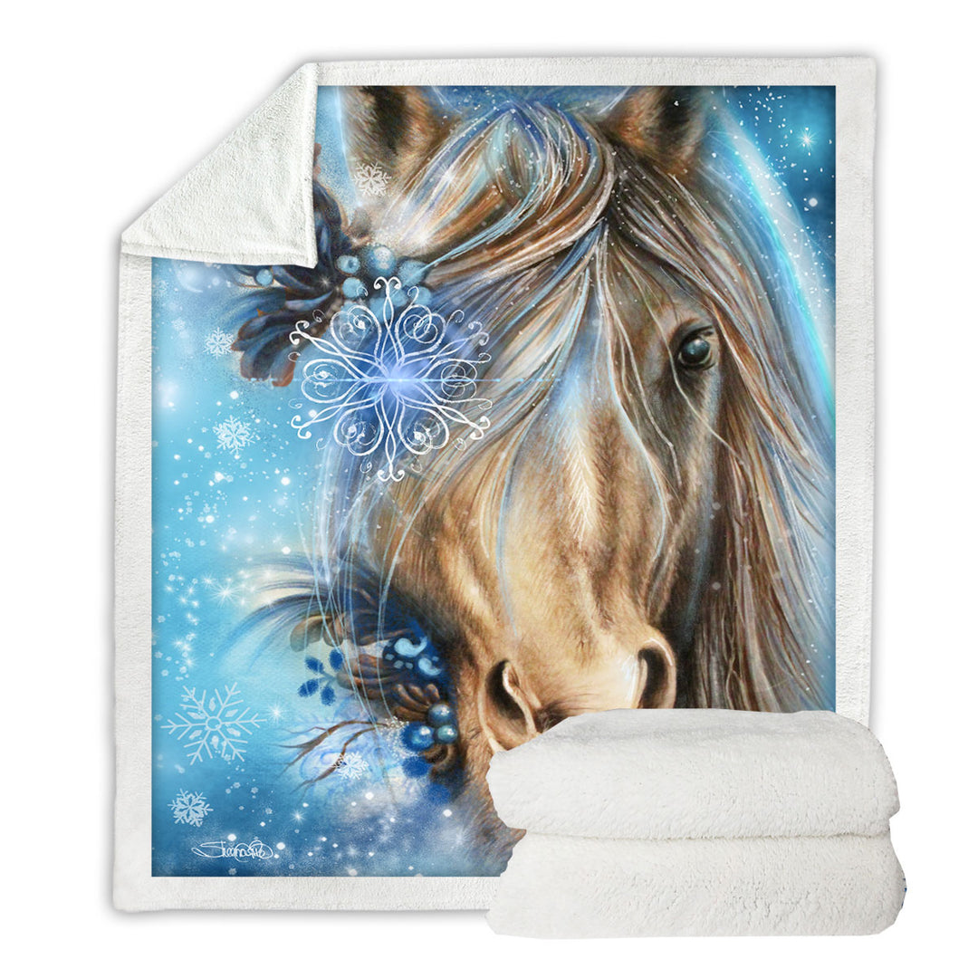 Winter Snowflake Pretty Blue Horse Fleece Blankets