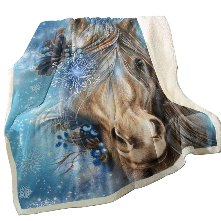 Winter Snowflake Pretty Blue Horse Sherpa Blanket