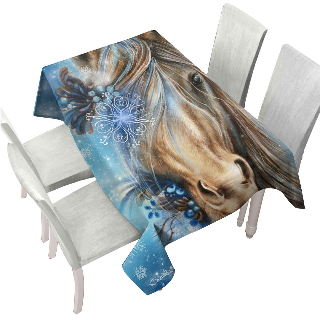 Winter Snowflake Pretty Blue Horse Tablecloth