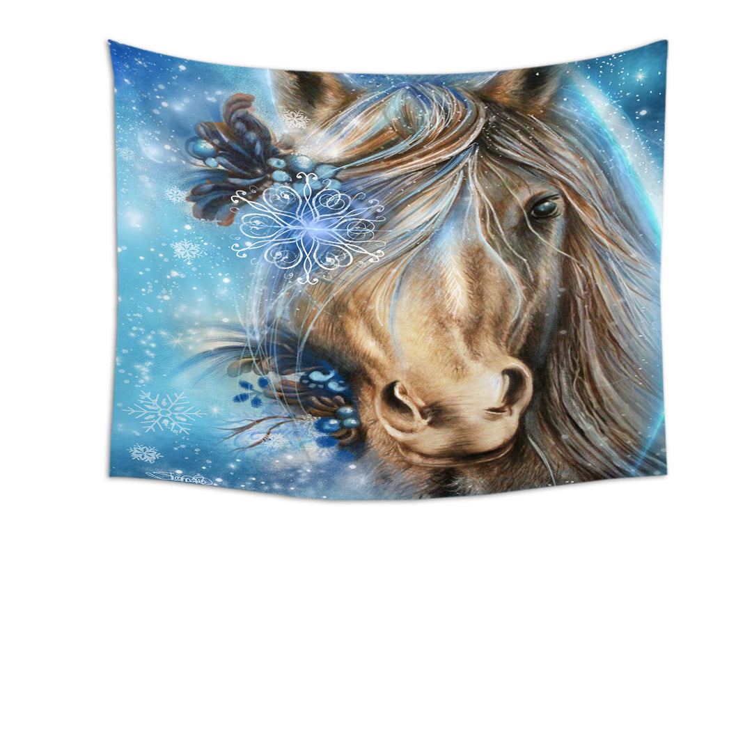 Winter Snowflake Pretty Blue Horse Tapestry