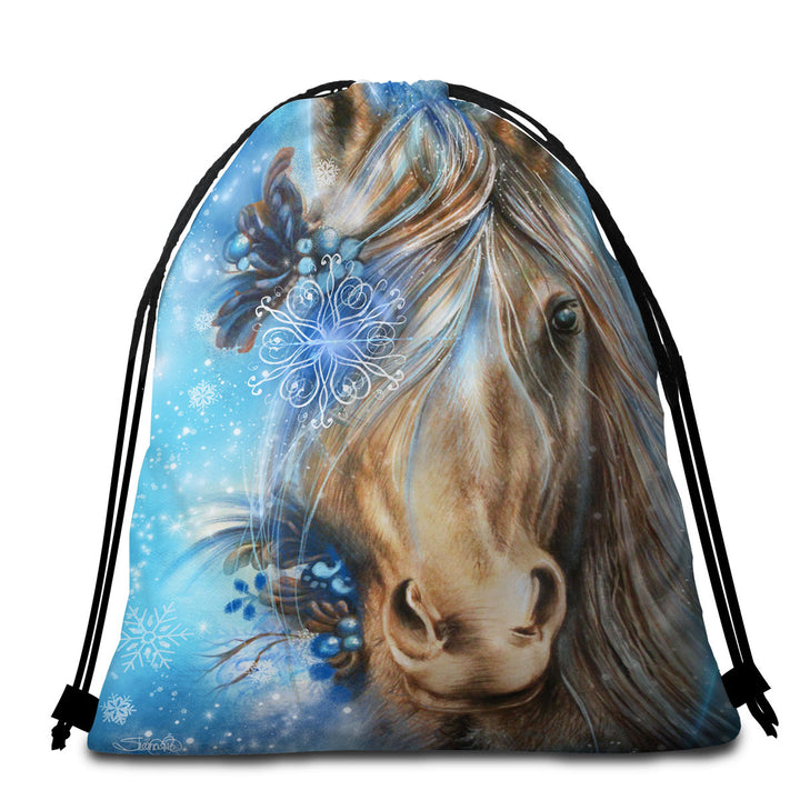 Winter Snowflake Pretty Blue Horse Travel Beach Towel