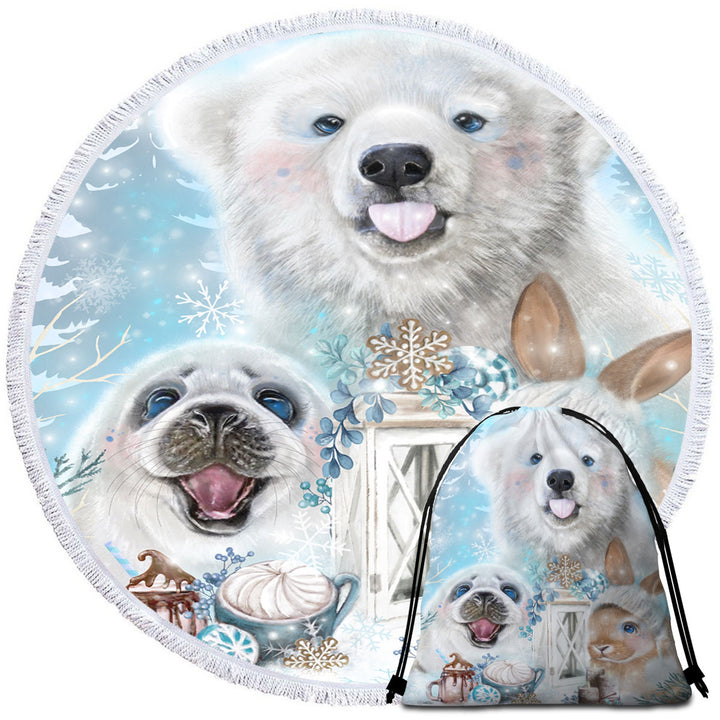 Winter Themed Big Beach Towels Snowflake Kisses Polar Bear Seal and Bunny