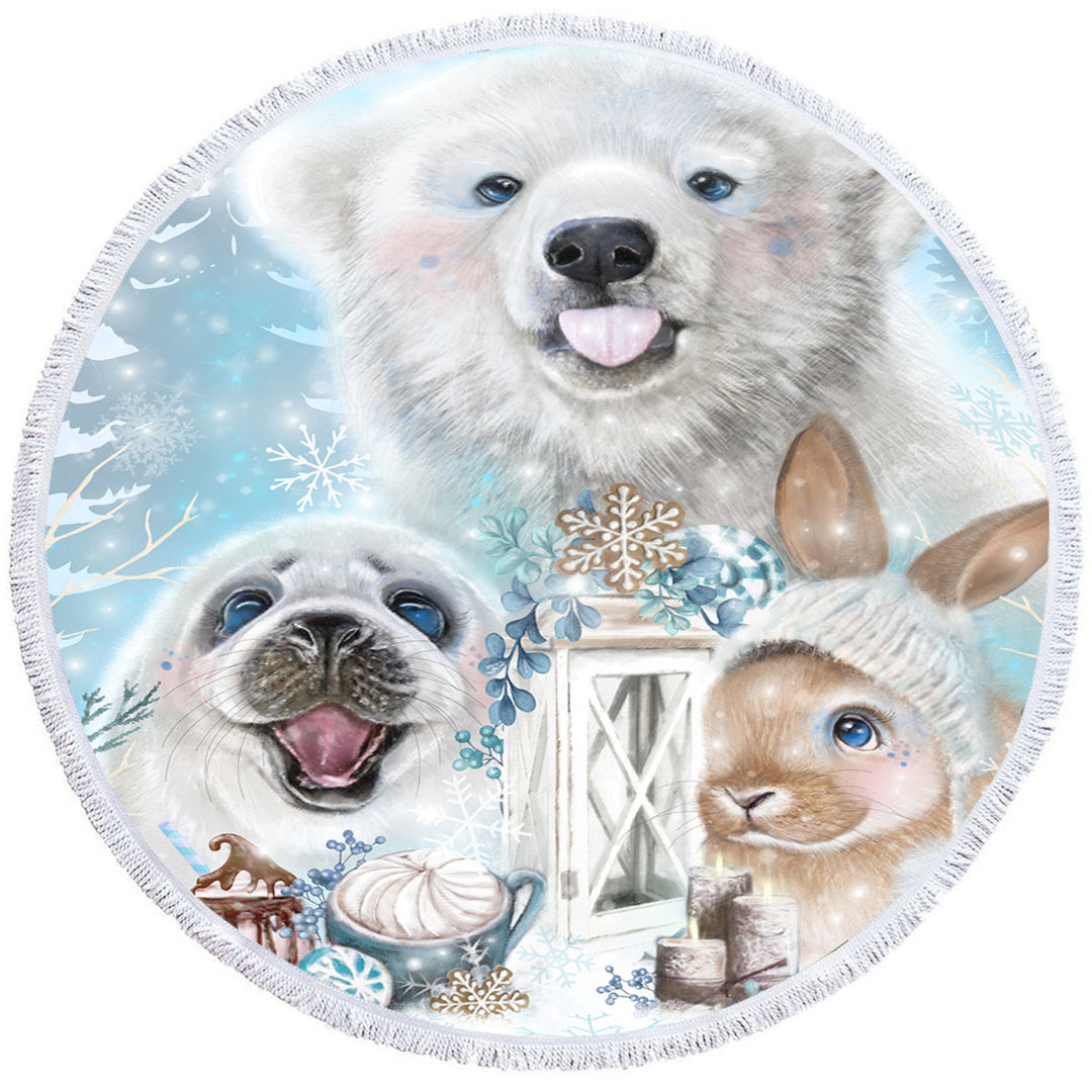 Winter Themed Circle Beach Towel Snowflake Kisses Polar Bear Seal and Bunny