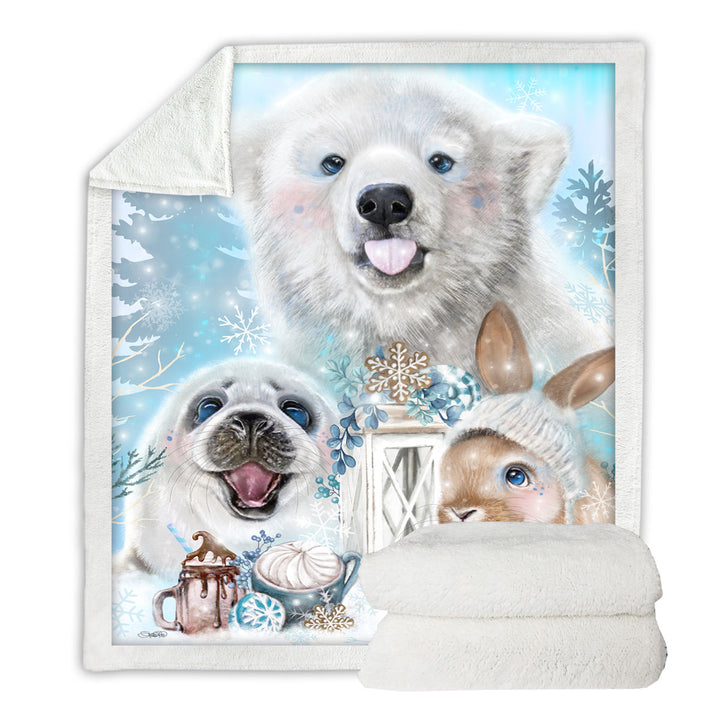 Winter Themed Fleece Blankets Snowflake Kisses Polar Bear Seal and Bunny