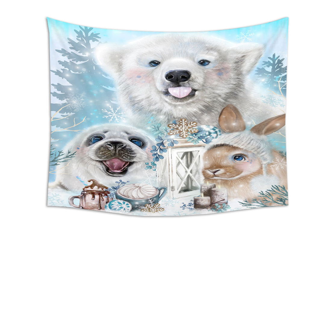 Winter Themed Wall Decor Snowflake Kisses Polar Bear Seal and Bunny Tapestry