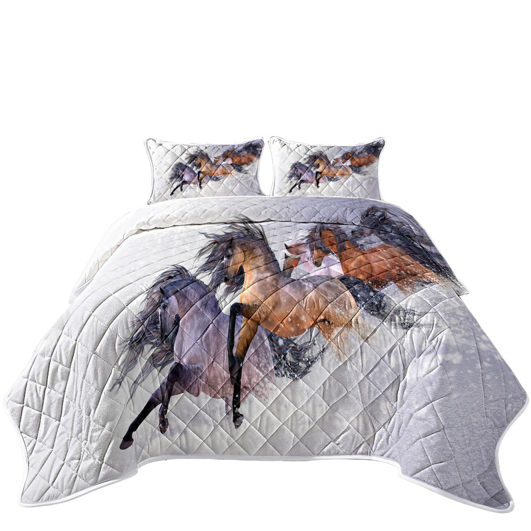 Winters Flight Snow Running Wild Horses King Size Bedspreads