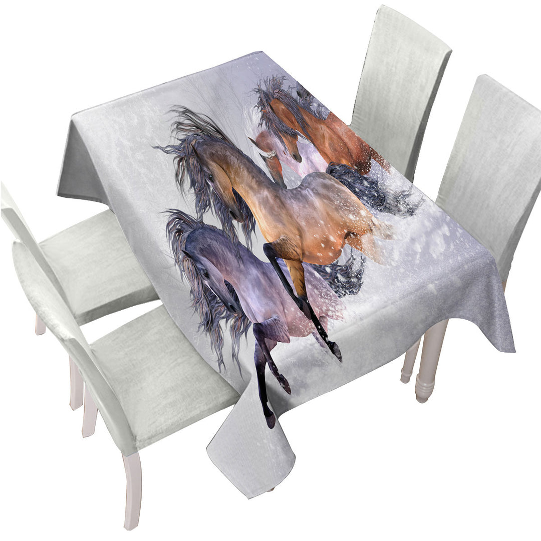 Winters Flight Snow Running Wild Horses Tablecloth