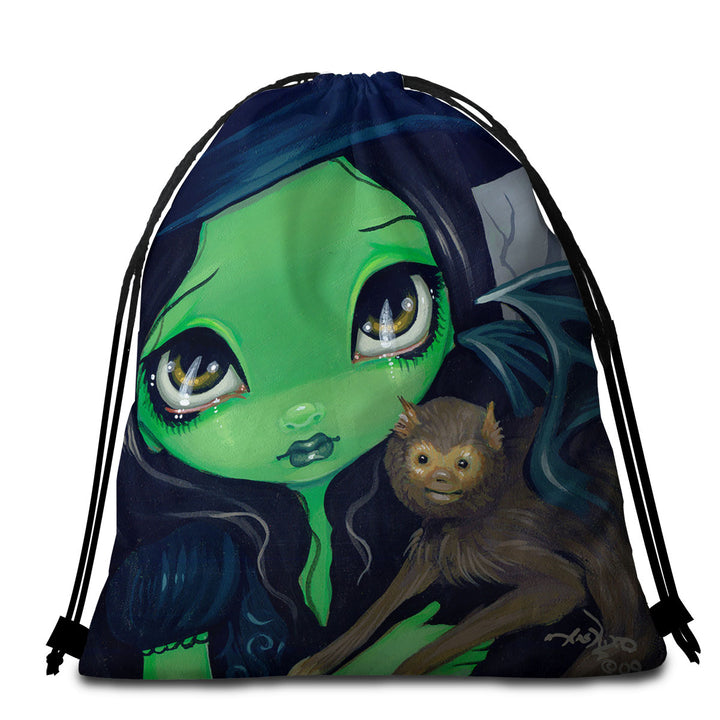 Witch Beach Towel Bags Faces of Faery _36 Green Witch and Winged Monkey