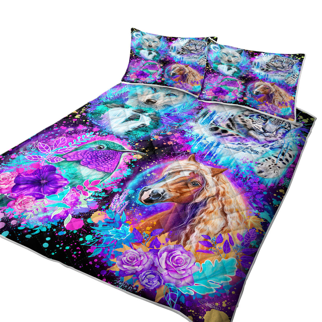 Wolf Horse Leopard Hummingbird Animal Collage Coverlet