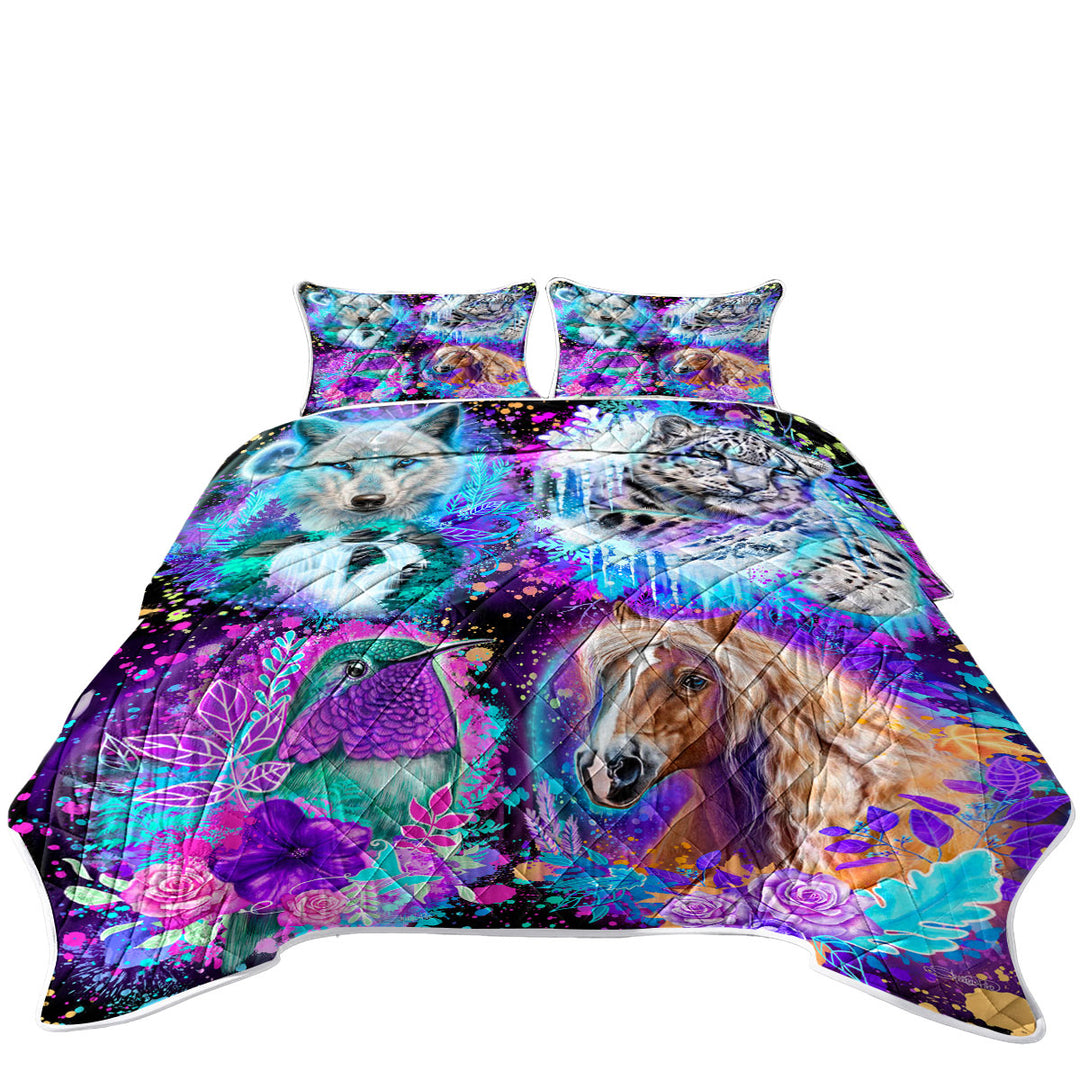 Wolf Horse Leopard Hummingbird Animal Collage Coverlets