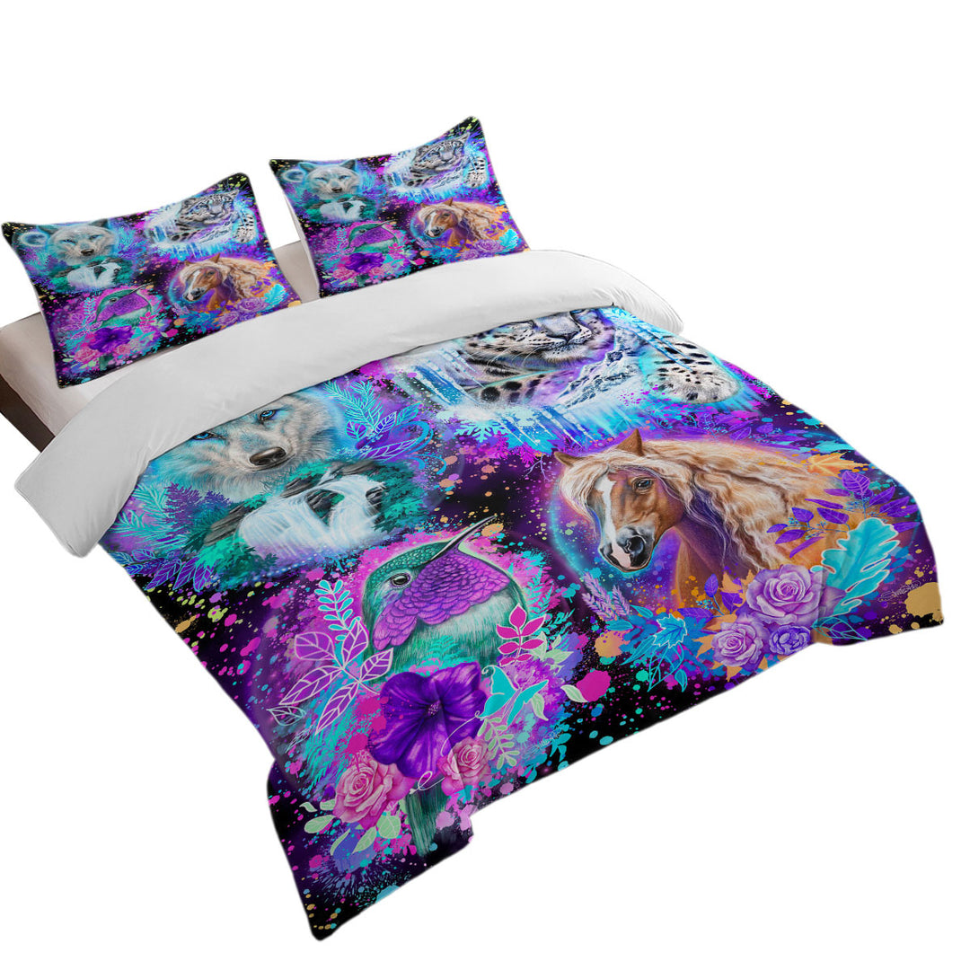 Wolf Horse Leopard Hummingbird Animal Collage Duvet Cover Queen