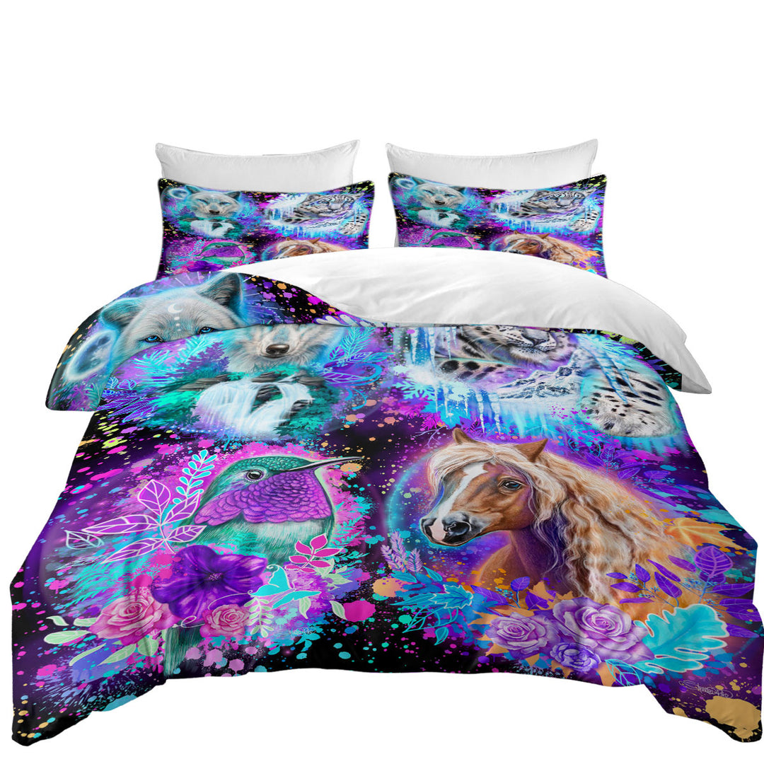 Wolf Horse Leopard Hummingbird Animal Collage Duvet Covers King