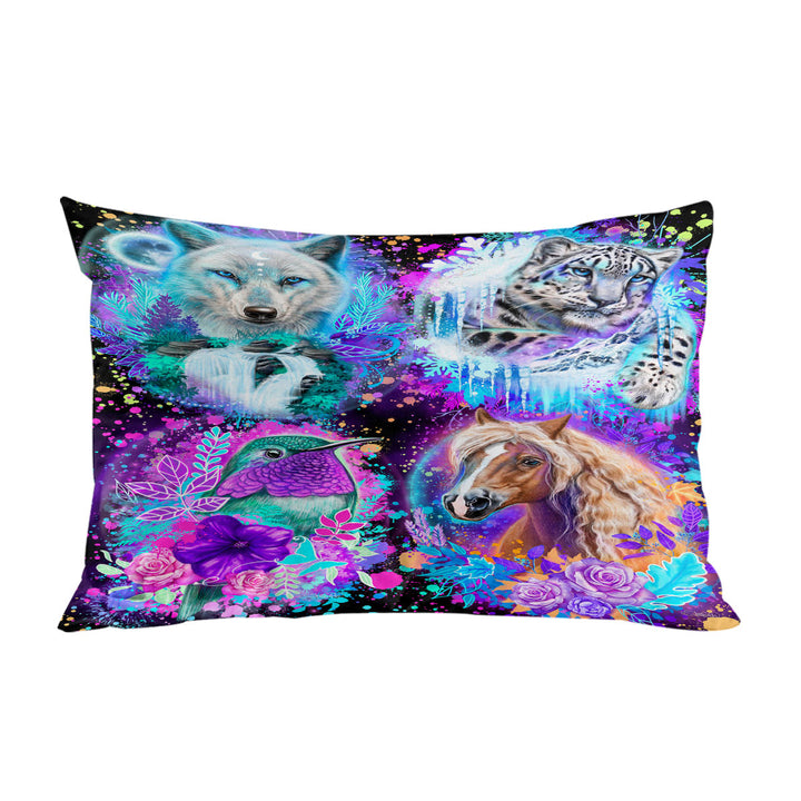 Wolf Horse Leopard Hummingbird Animal Collage Pillowcase