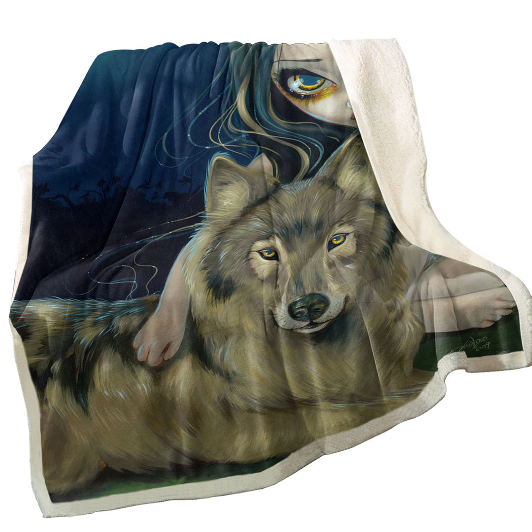 Wolf Moon Beautiful Girl Sherpa Blanket