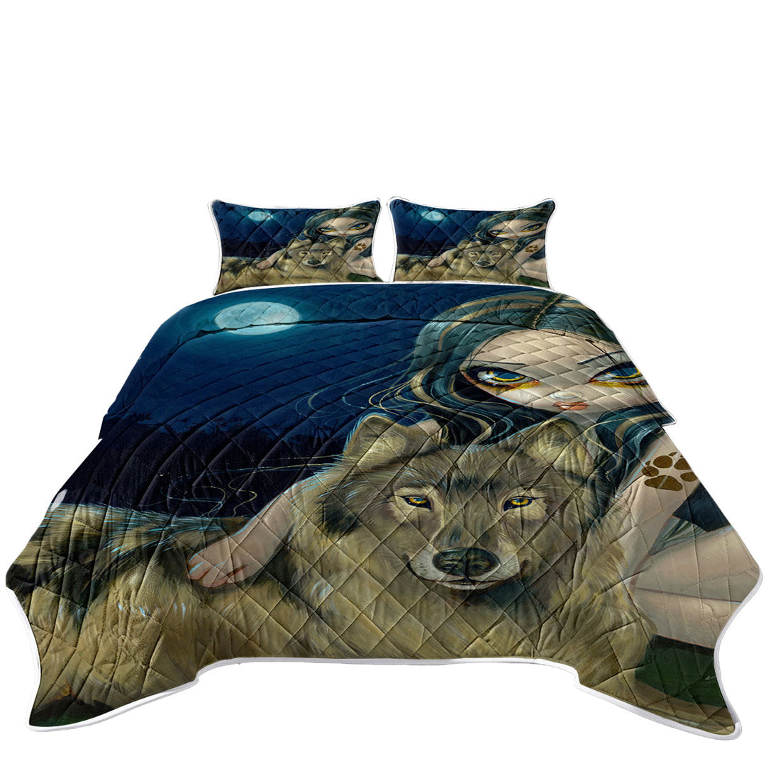 Wolf Moon Beautiful Girl Sitting with Her Wolf California King Quilt Sets