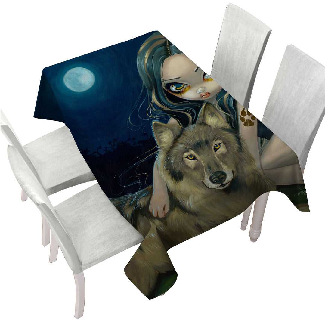 Wolf Moon Beautiful Girl Sitting with Her Wolf Tablecloth