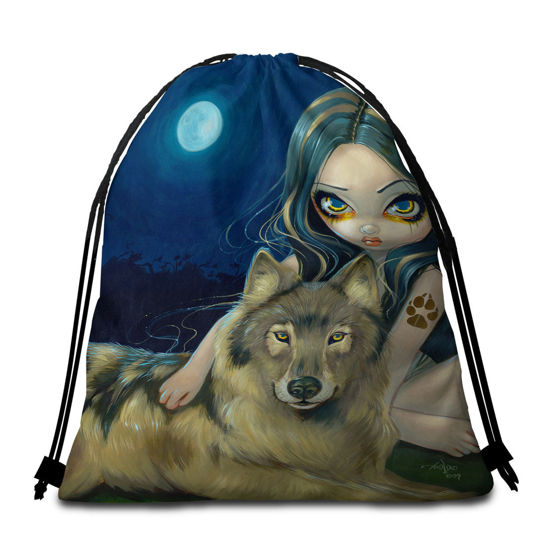 Wolf Moon Beautiful Girl Travel Beach Towel