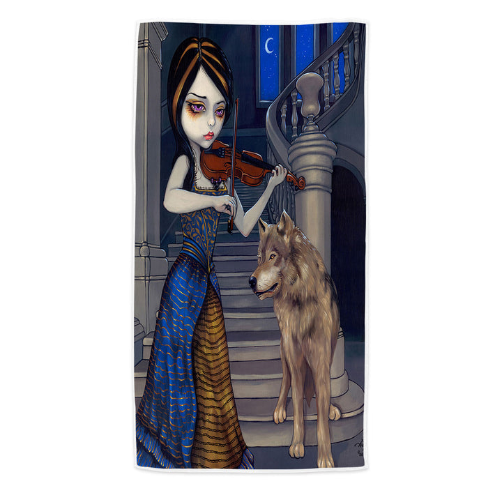 Wolf Song Gothic Beautiful Girl Playing a Violin Beach Towels