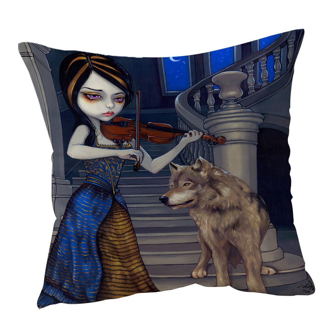 Wolf Song Gothic Beautiful Girl Playing a Violin Cushion Cover