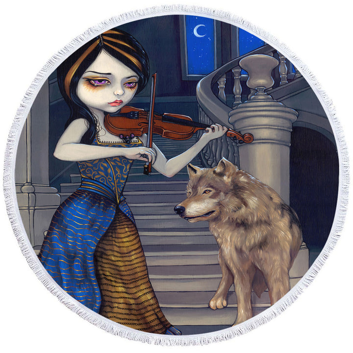 Wolf Song Gothic Beautiful Girl Playing a Violin Round Beach Towel