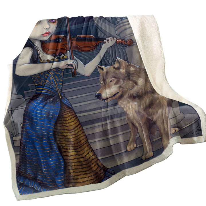 Wolf Song Gothic Beautiful Girl Playing a Violin Throw Blanket