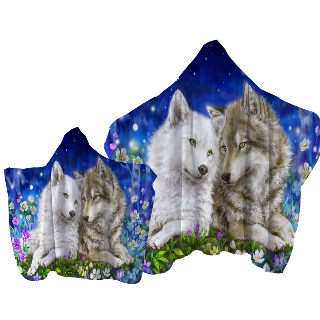 Wolves Art Design Flowers and Love at Night Hooded Beach Towel