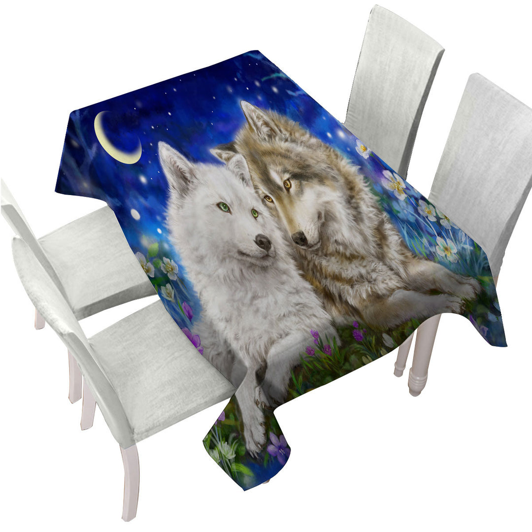 Wolves Art Design Flowers and Love at Night Printed Tablecloth