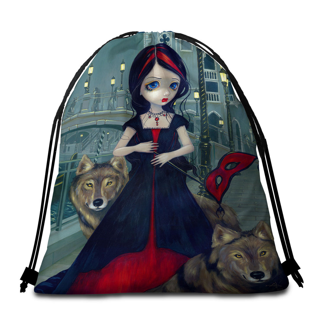 Wolves of Venice Gothic Maiden and Her Wolves Beach Towels and Bags Set