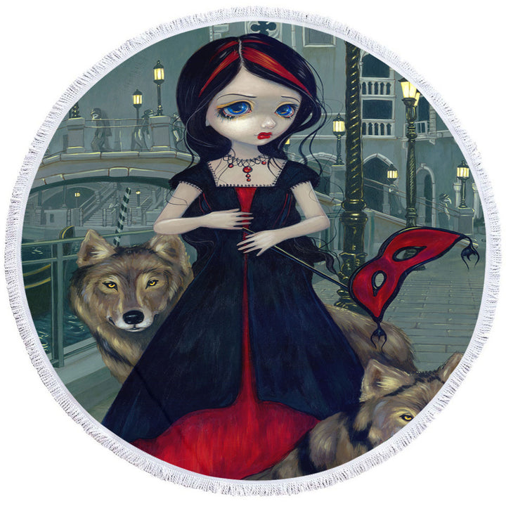 Wolves of Venice Gothic Maiden and Her Wolves Round Beach Towel