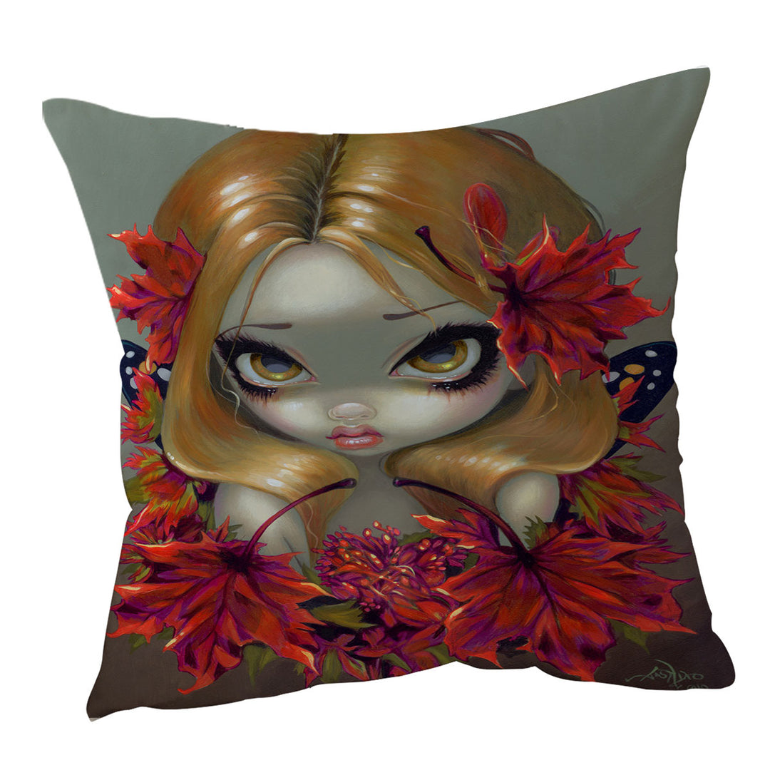 Womens Cushion Covers Big Eyed Fairy Portrait the Red Maple Leaves Fairy