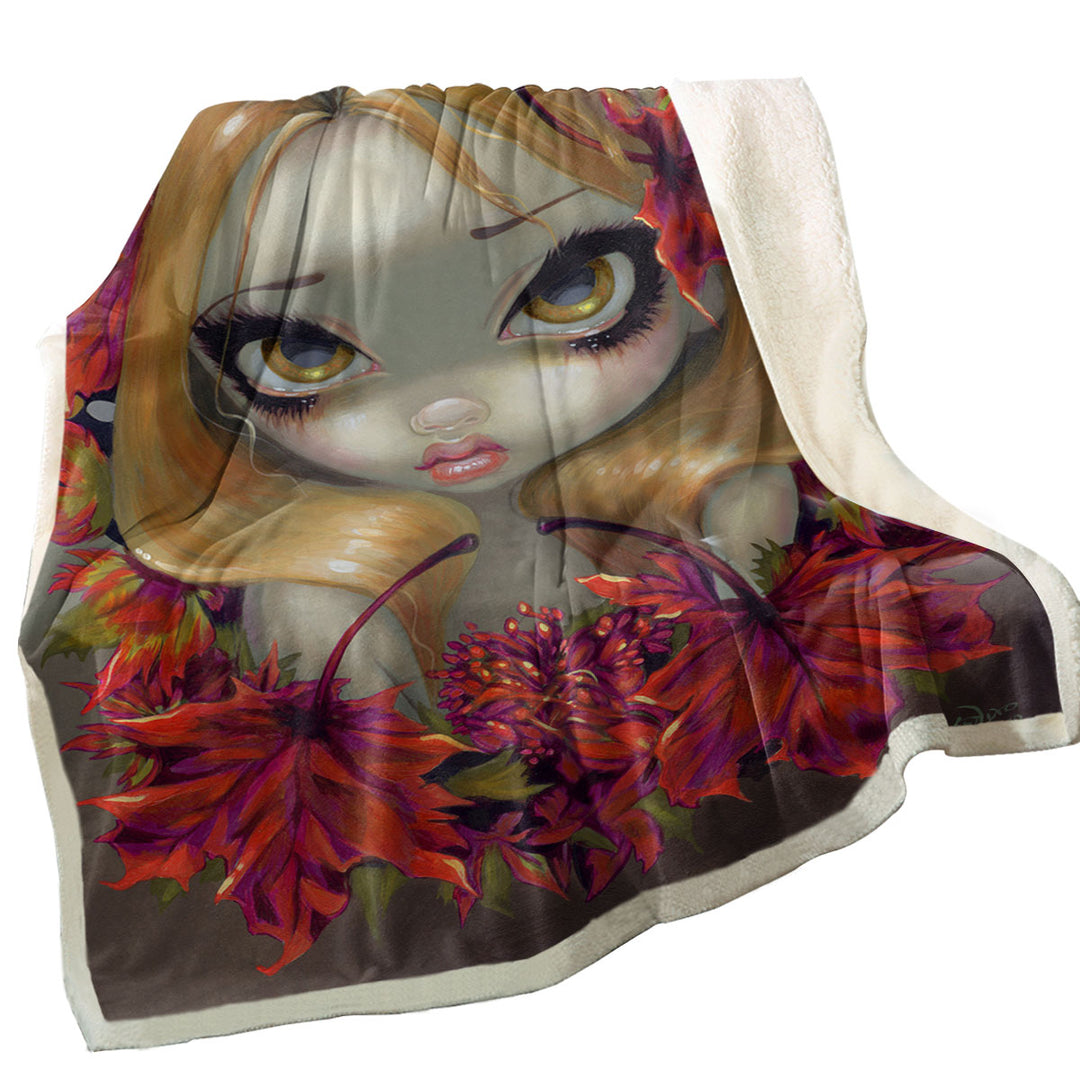 Womens Throws Big Eyed Fairy Portrait the Red Maple Leaves Fairy