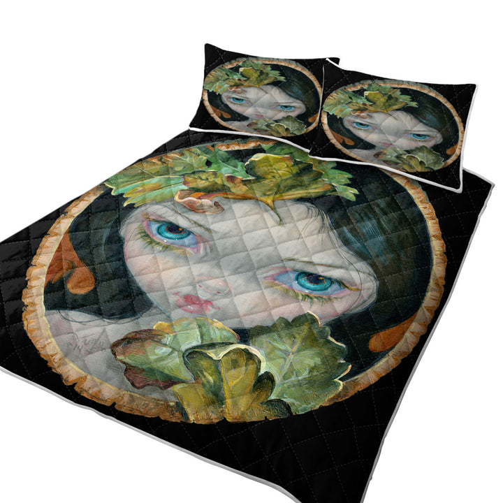 Wood Sprite with Leaves Painted on Wooden Log King Size Quilt