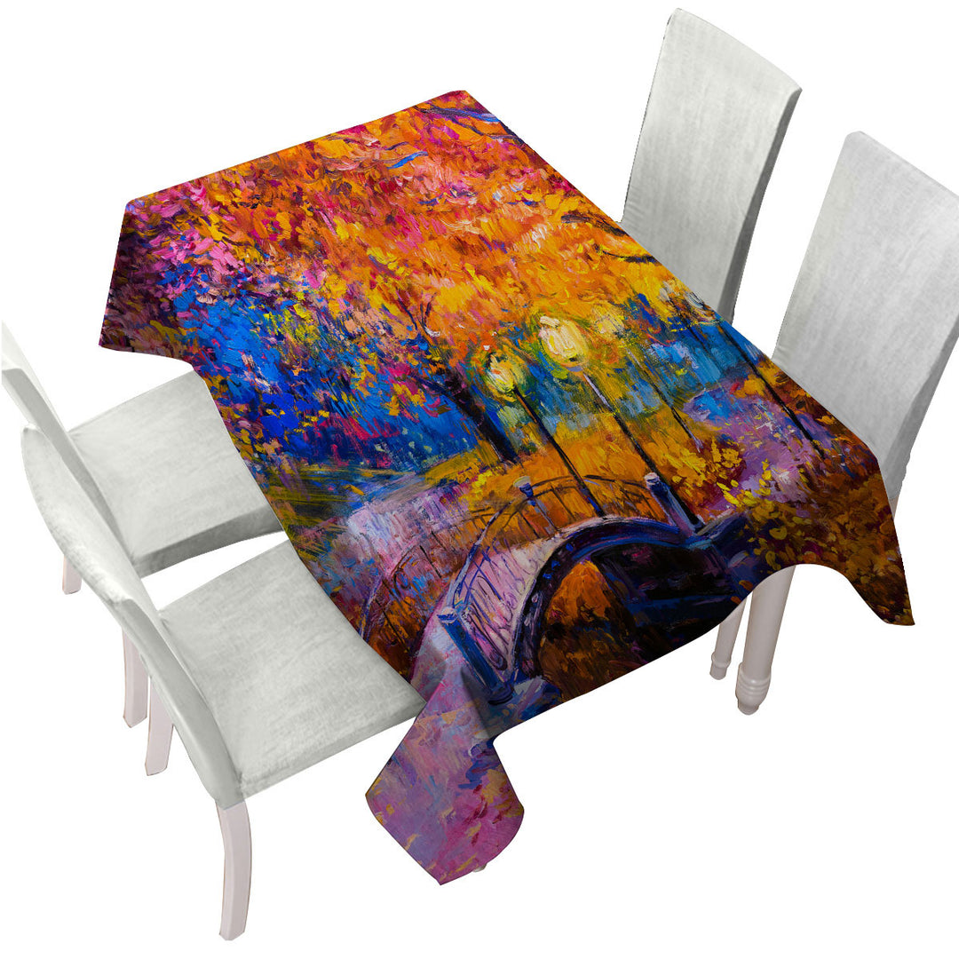 Wooded Park and Bridge Gorgeous Autumn Art Tablecloth