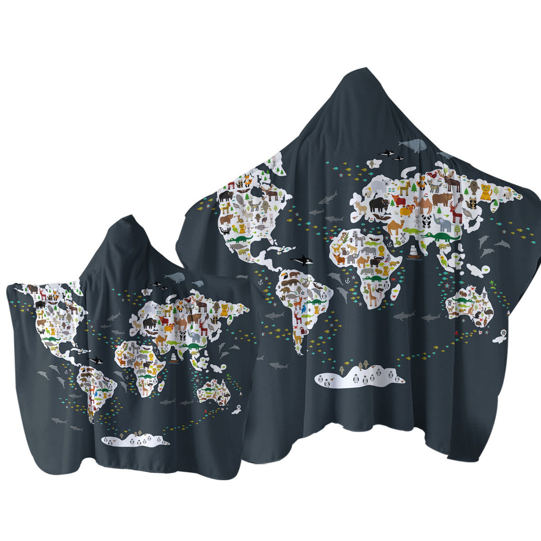 World Map for Children with Animals Towel Hoodie