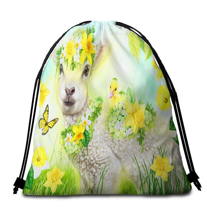 Yellow Spring Sweet Daffodil Lamb Beach Towel Bags