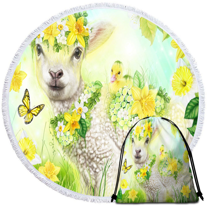 Yellow Spring Sweet Daffodil Lamb Circle Beach Towel