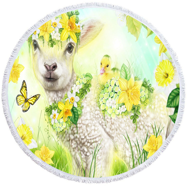 Yellow Spring Sweet Daffodil Lamb Round Beach Towel