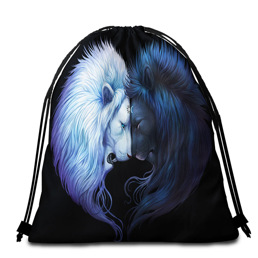 Yin Yang Beach Towel Bags Brotherhood Black White Lions