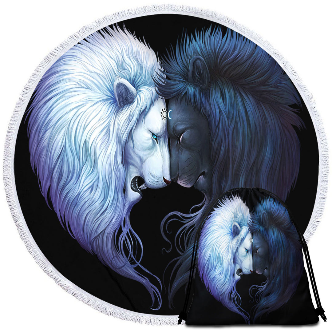 Yin Yang Round Beach Towel Brotherhood Black White Lions