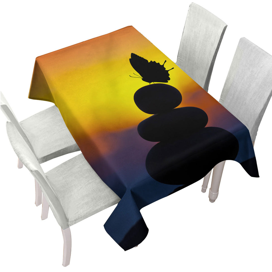 Yoga Balancing Stones and Butterfly Silhouette Tablecloth