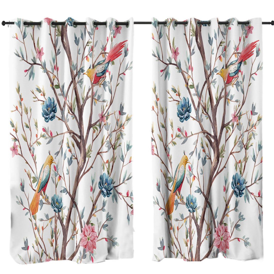 a Flowering Tree and Birds Custom Drapes