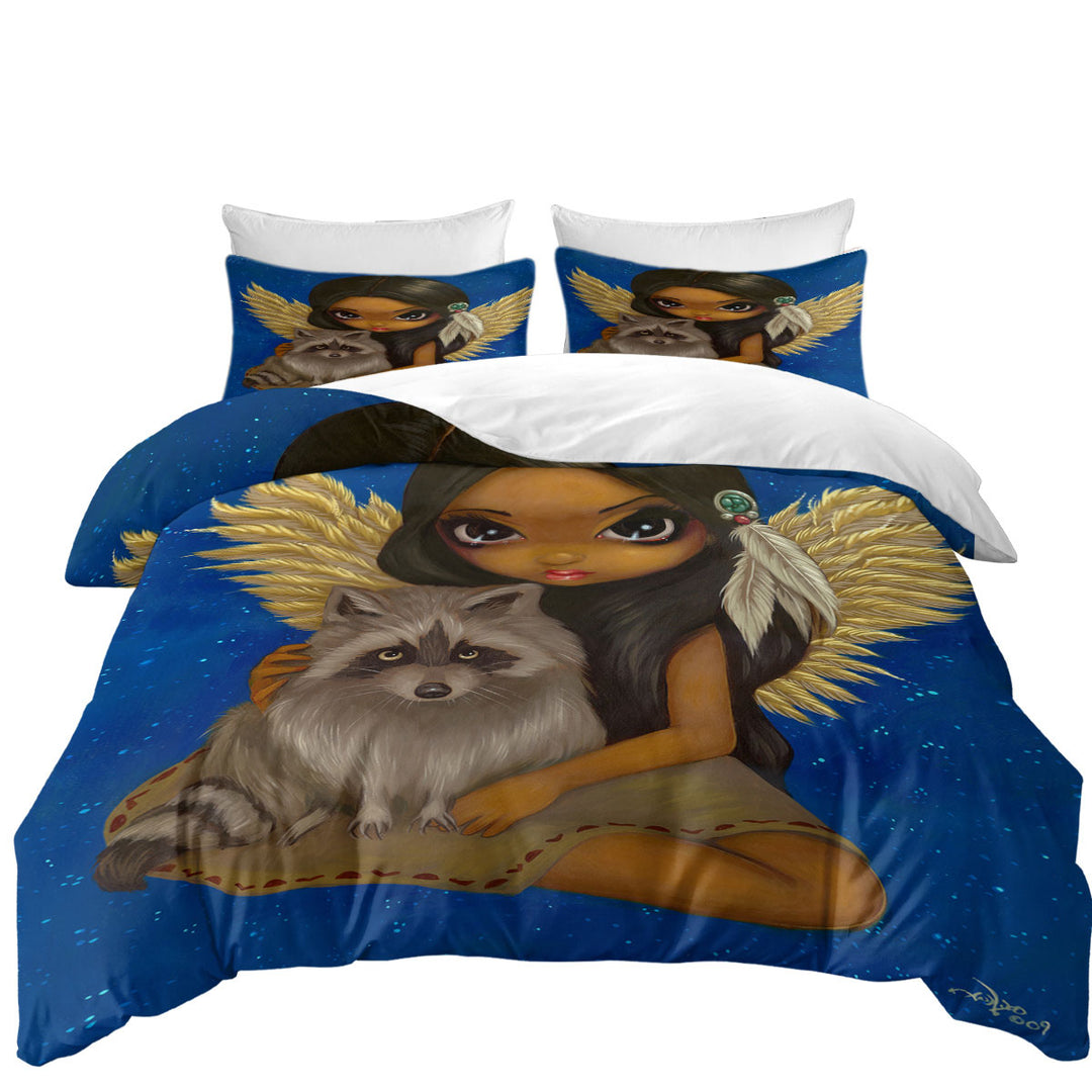 full Size Duvet Cover with Brother Raccoon Native American Angel