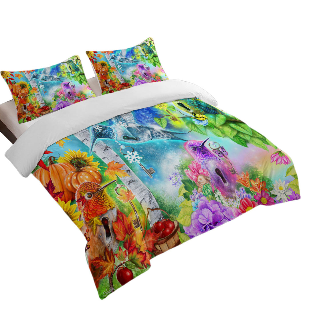 full Size Duvet Cover with Changing Seasons Autumn Spring Hummingbirds