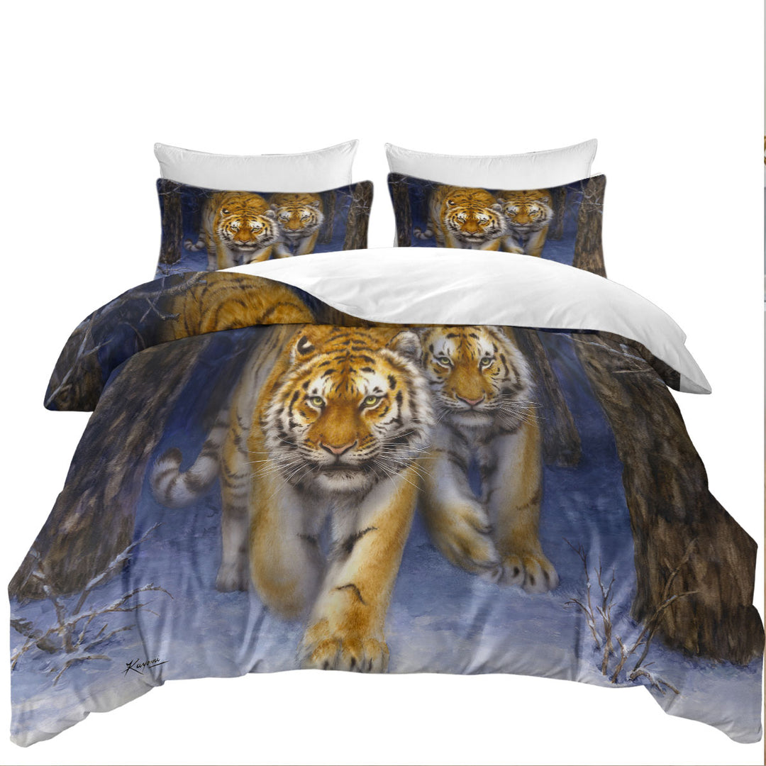 full Size Duvet Cover with Cool Animal Art Two Tigers in the Siberian Forest