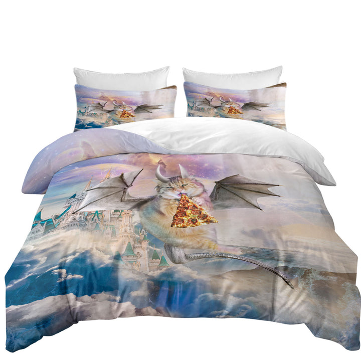 full Size Duvet Cover with Cute Fantasy Art Galaxy Dragon Cat Eating Pizza in Space