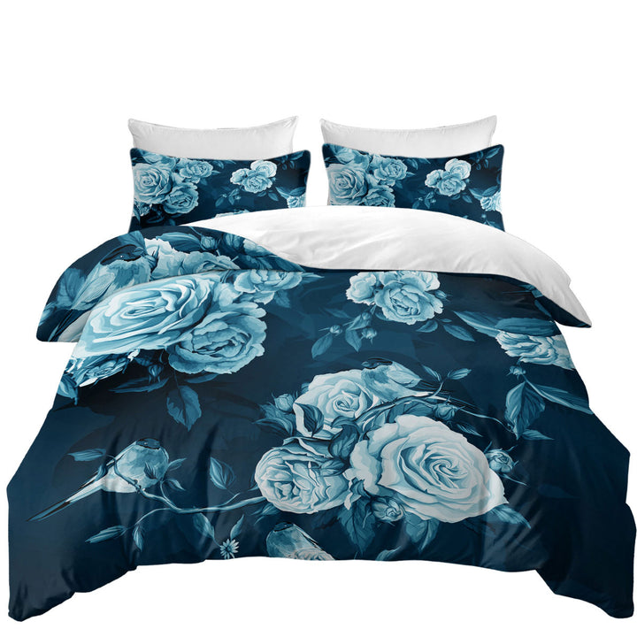 full Size Duvet Cover with Dark Blue under Light Blue Roses